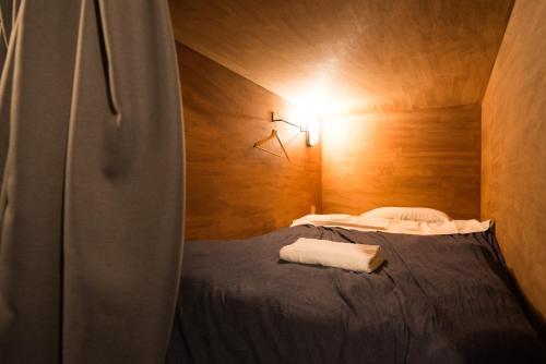 a small room with a bed and a shower at Irori Guest House Tenmaku in Hakone