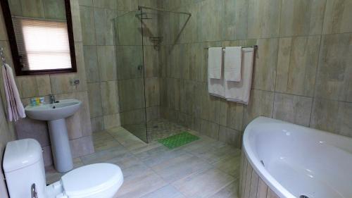a bathroom with a shower and a toilet and a sink at Kruger's Guest House in White River