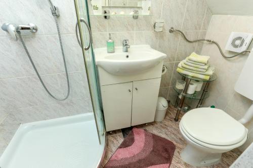 a bathroom with a sink and a toilet and a shower at Apartments Pyros in Piran