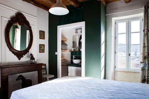 Montagnac-la-Crempse的住宿－Logis Saint Martin，一间卧室设有绿色的墙壁和一张带镜子的床