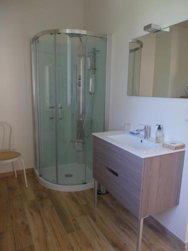 a bathroom with a glass shower and a sink at La demeure d'Aiglepierre in Aiglepierre
