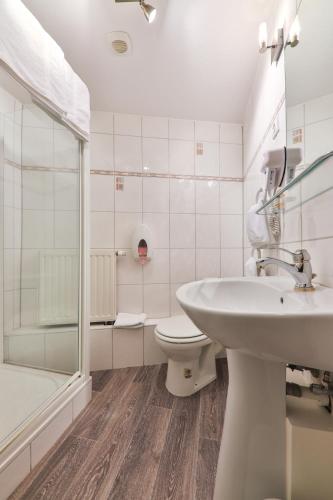 une salle de bain avec un lavabo, des toilettes et une douche dans l'établissement Hôtel Restaurant Valneige, à Mittlach