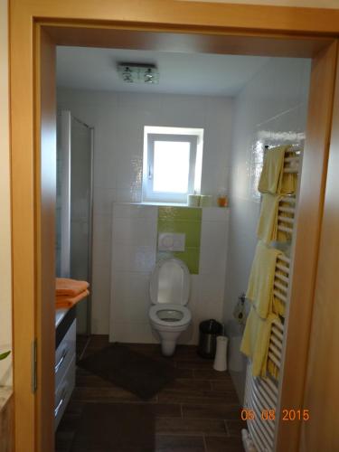 a bathroom with a toilet and a window and towels at Ferienwohnungen Resch in Eckberg