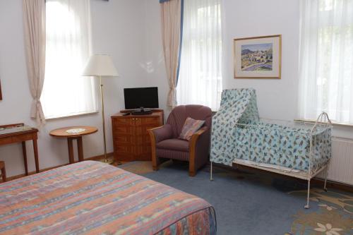 a hotel room with a bed and a chair and a television at Weinkeller Wölk in Naumburg