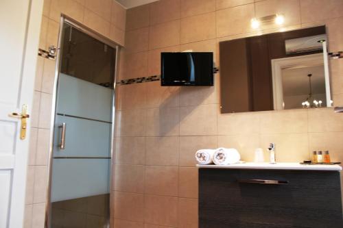 a bathroom with a shower and a sink and a mirror at Résidence et Chambres d'Hôtes de La Porte d'Arras in Douai