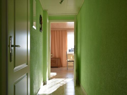a hallway with green walls and a door at Spacious Apartment in Brusow with Garden in Kröpelin