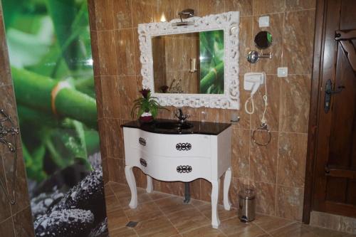 a bathroom with a sink and a mirror at Вила Поликсения Петиня in Tryavna