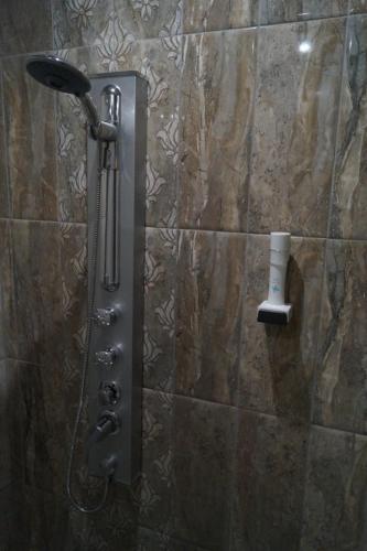 a shower with a shower head in a bathroom at Вила Поликсения Петиня in Tryavna
