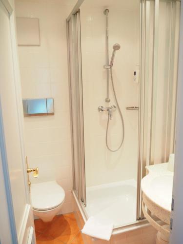 a bathroom with a shower and a toilet at Hotel Meeresruh Garni in Cuxhaven