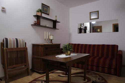 a living room with a couch and a table at OW Mikomania in Charzykowy