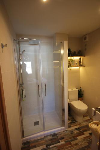 een badkamer met een douche en een toilet bij Bellavista Beach Apartment in Málaga