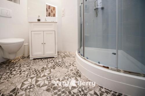 een badkamer met een douche en een toilet bij Very Berry - Sniadeckich 1 - Fair Trade Apartments, check in 24h in Poznań