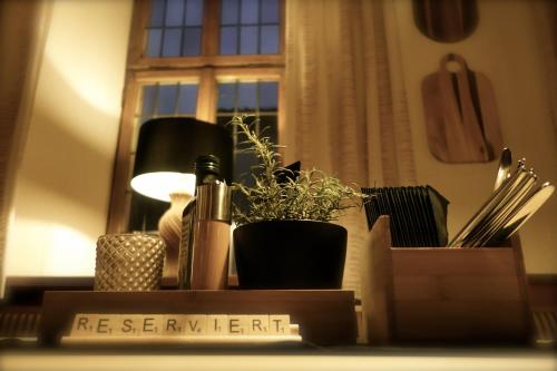 a shelf with a bottle of wine and a plant at Hotel Deutsches Haus in Kitzingen