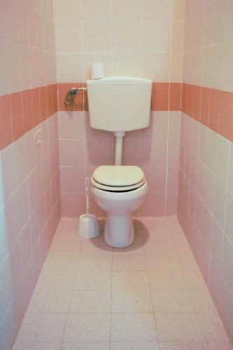 a pink tiled bathroom with a toilet in it at Ostello La Miniera in Massa Marittima