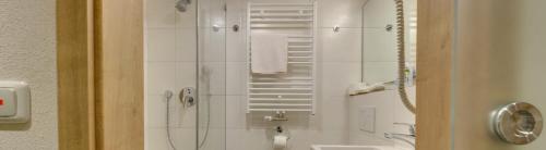 a bathroom with a shower and a sink at Landgasthof Zur Sonne in Fünfstetten