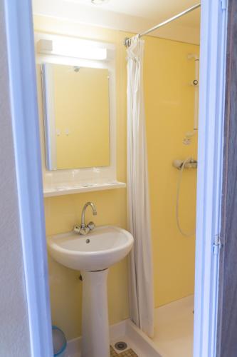 a bathroom with a sink and a mirror and a shower at Hôtel restaurant Le Parisien in Lourdes