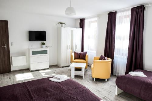 a hotel room with two beds and a tv at Rezidence Černý medvěd in Znojmo