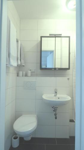 een witte badkamer met een toilet en een wastafel bij Hotel Schneider-Hof in Bad Salzuflen