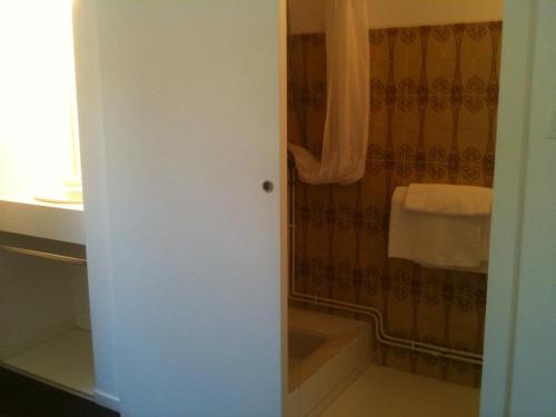 W łazience znajduje się prysznic i ręcznik. w obiekcie Hôtel de la Paix w mieście Luzenac