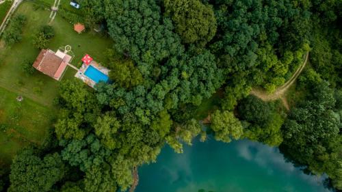 an aerial view of a house in the forest next to a lake at Vila Andrea in Danilovgrad