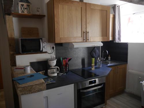 a kitchen with wooden cabinets and a black counter top at STUDIO COSY LE ROYAL SKI 3 VALLÉES in Brides-les-Bains