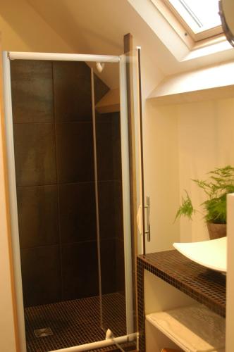 een glazen douche in een badkamer met een wastafel bij Le petit Valhalla in Bayeux