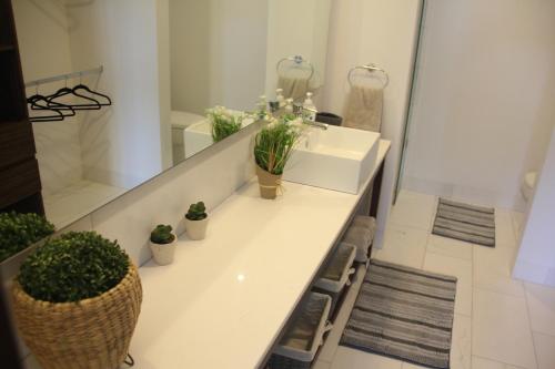 La salle de bains est pourvue d'un lavabo, d'un miroir et de plantes. dans l'établissement Perfect Location @ High Towers Elite Angelopolis, à Buenavista