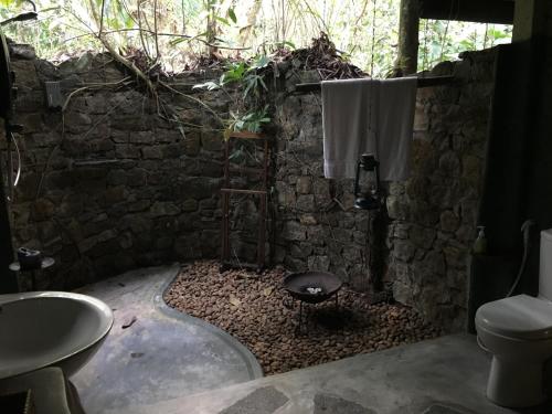 bagno in pietra con lavandino e servizi igienici di Rambas Reserve ad Avissawella
