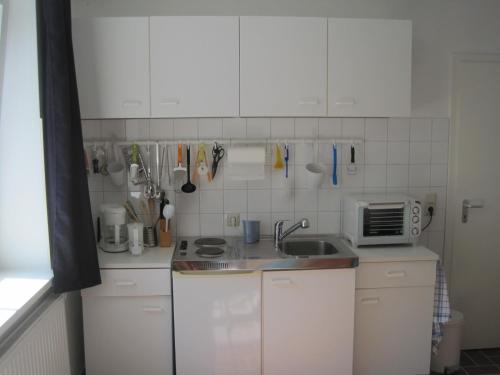een witte keuken met een wastafel en een magnetron bij Ländliche 1-Raumwohnung im Park in Thulendorf