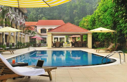 a pool with a laptop on a chair next to a house at Le Roi Corbett in Garjia