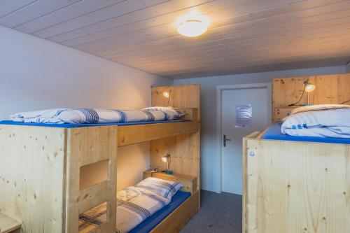 a room with three bunk beds and a ceiling at Mountain Lodge Backpackercamp in Lenk