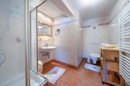 een badkamer met een douche, een wastafel en een toilet bij Peilberghof in Hollersbach im Pinzgau