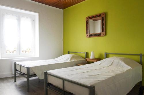 two beds in a room with green walls and a mirror at L'Orée des Lacs (Appartement n°1) in Pont-de-Poitte