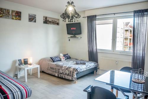 a bedroom with a bed and a tv and a table at Travel Homes - The EastSide, Parking and downtown in Colmar