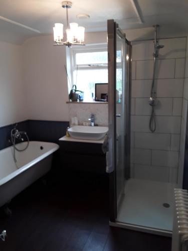 a bathroom with a tub and a sink and a shower at Town House Bridport Dorset in Bridport