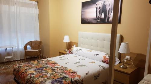 ein Schlafzimmer mit einem Bett und einem Elefantenbild an der Wand in der Unterkunft La Casa de Elena in Gijón