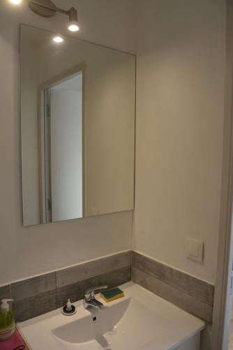 a bathroom with a sink and a large mirror at gite Tombelaine in Pontorson