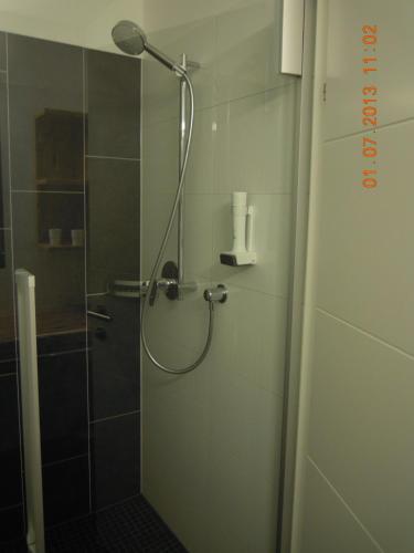 a shower with a glass door in a bathroom at Fuchs Apartments - inklusive Eintritt in die Alpentherme Gastein in Bad Hofgastein