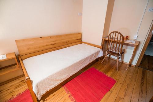 a bedroom with a bed and a chair and a red rug at Farm Stay Žagar in Mozirje
