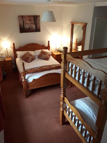 a bedroom with two twin beds and a mirror at Beechwood B&B in Postbridge