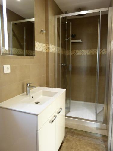 une salle de bain avec un lavabo et une douche dans l'établissement Magnifique chalet vue mer, a quelques minutes des plages, à Olmeto