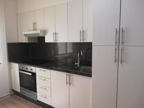 una cocina con armarios blancos y fregadero en Apartamento Calzada II en Santiago de Compostela