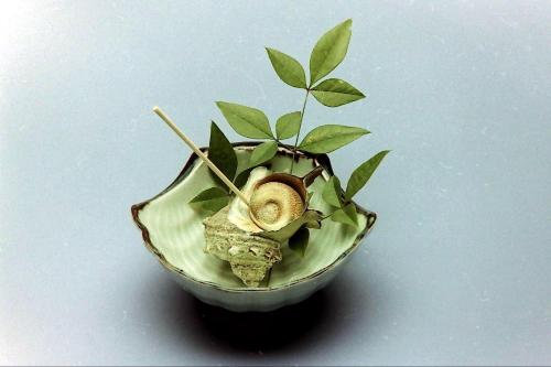 a bowl with a snail sitting on top of a plant at Hinodeya in Ito