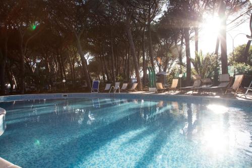 a large swimming pool with chairs and the sun shining at Camping Village Il Sole in Marina di Grosseto