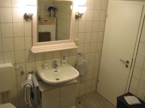 uma casa de banho com um lavatório e um espelho em Ferienwohnung am Nationalpark em Reifferscheid