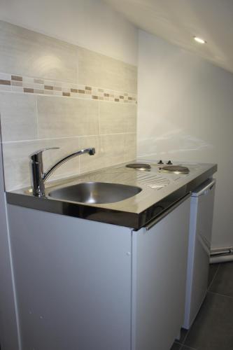 Il comprend une cuisine équipée d'un évier et d'un lave-vaisselle. dans l'établissement Studios Galaxia, à Fontenay-sous-Bois