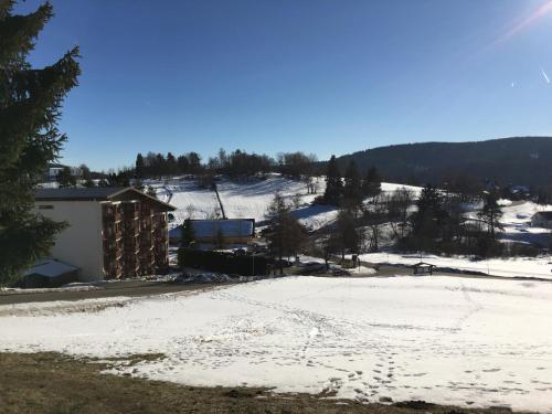 a view of a snow covered field with a building at Studio am Schluchsee mit Balkon Pool Fitness inkl in Schluchsee