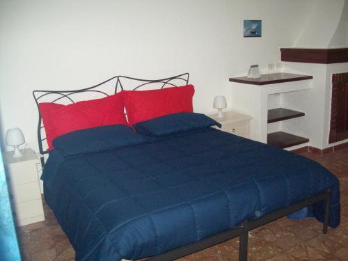 a bedroom with a blue bed with red pillows at B&B RoGe in Olbia