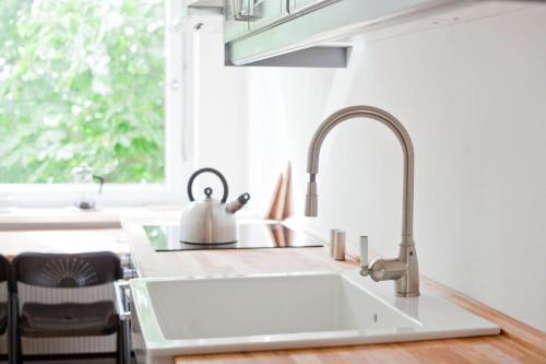 a kitchen with a sink and a counter top at Magnificent turn of century flat (legal) in Berlin