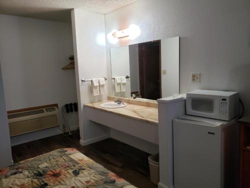 La salle de bains est pourvue d'un lavabo et d'un four micro-ondes. dans l'établissement Budget Inn, à Fallon